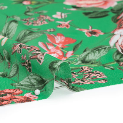 Polyester Chiffon - Kelly Green and Pink Floral - Designer Deadstock