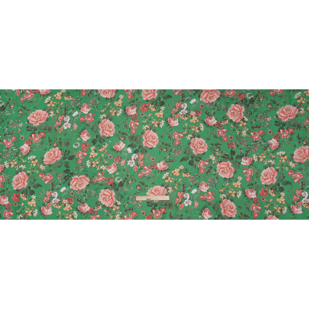 Polyester Chiffon - Kelly Green and Pink Floral - Designer Deadstock