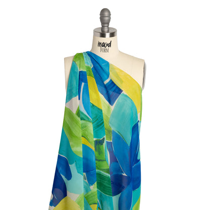 Polyester Chiffon Print - Green and Blue Painterly Flowers and Leaves - Designer Deadstock