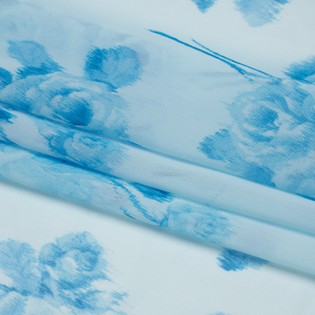 Polyester Chiffon - Sky Blue Ikat Roses - Designer Deadstock