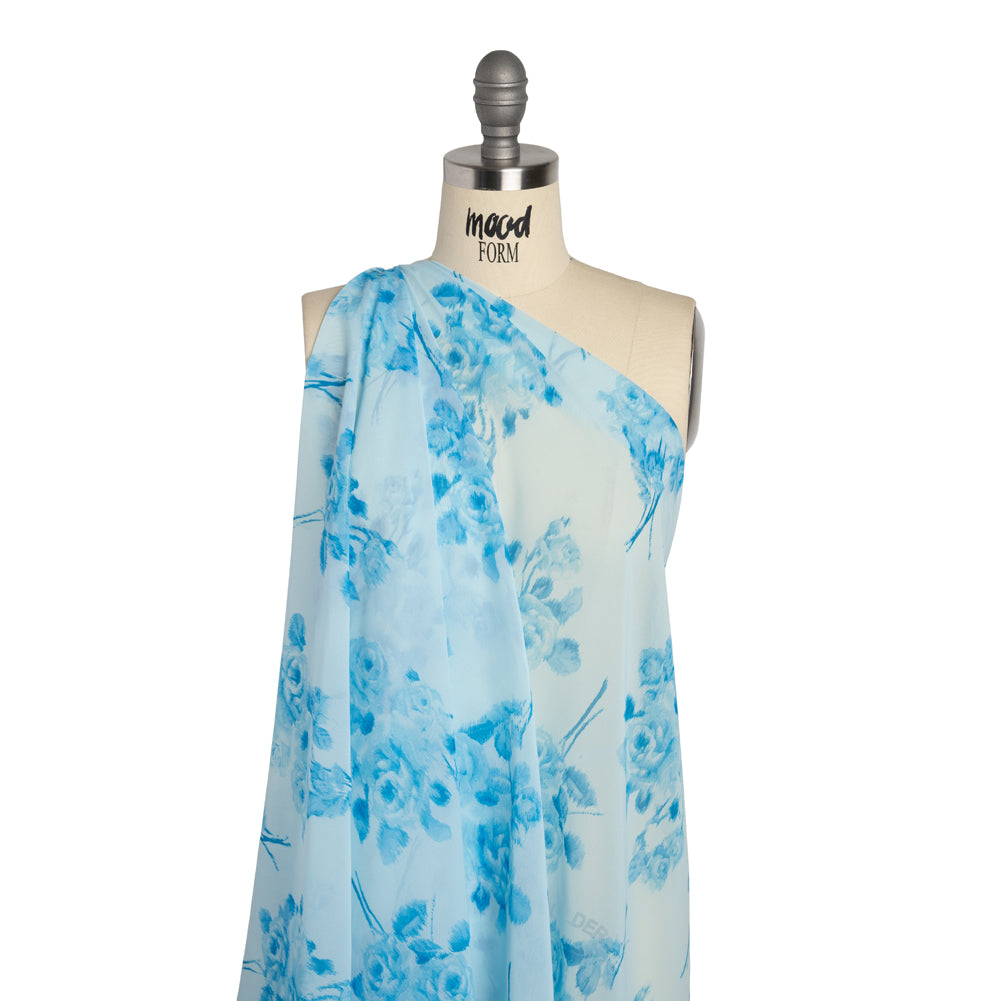 Polyester Chiffon - Sky Blue Ikat Roses - Designer Deadstock