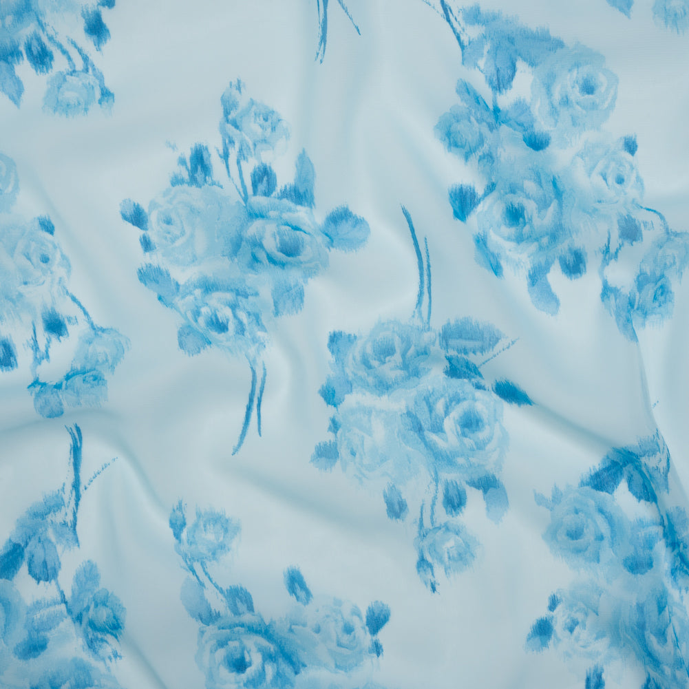 Polyester Chiffon - Sky Blue Ikat Roses - Designer Deadstock