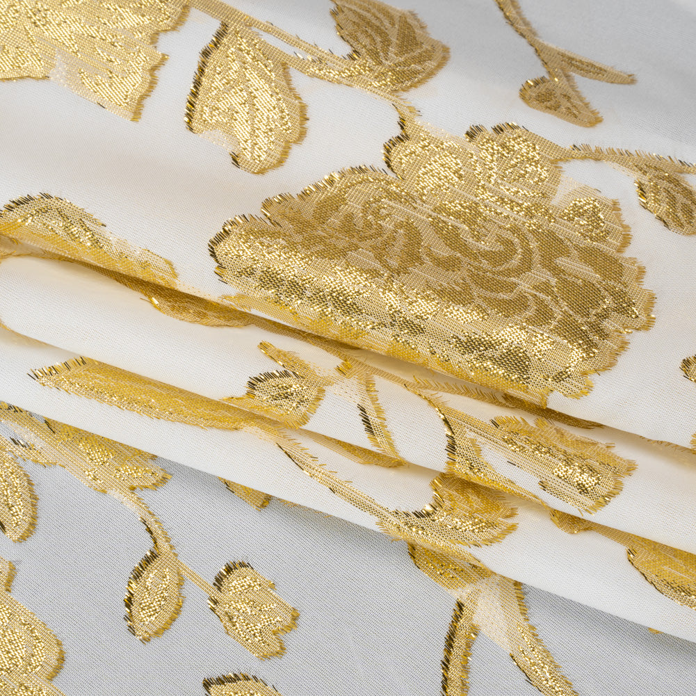 Metallic Burnout Brocade - White and Gold Floral - Designer Deadstock