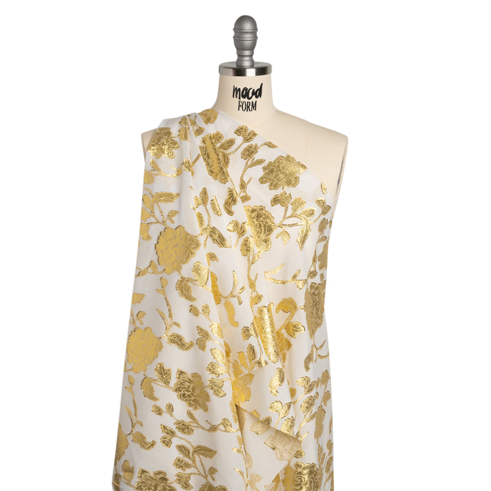 Metallic Burnout Brocade - White and Gold Floral - Designer Deadstock