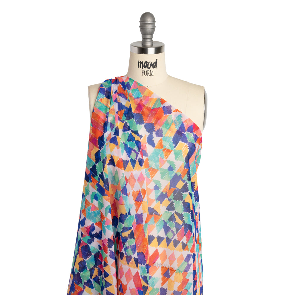 Polyester Chiffon - Orange, Pink and Blue Painted Triangles and Diamonds - Designer Deadstock - Drape