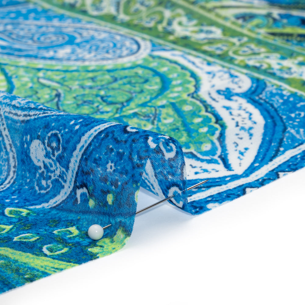 Polyester Chiffon - Blue and Green Ornate Paisley Patchwork - Designer Deadstock