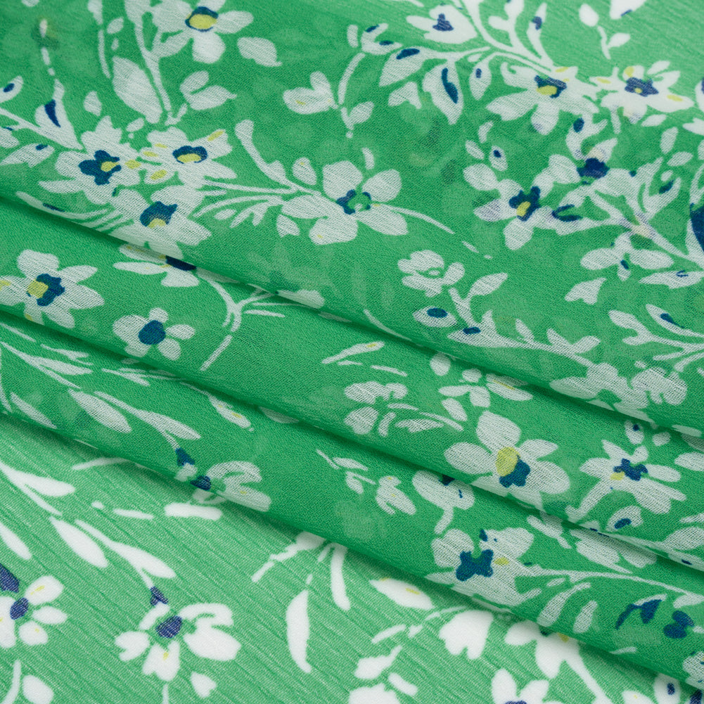 Crinkled Polyester Chiffon - Kelly Green, White and Blue Floral - Designer Deadstock