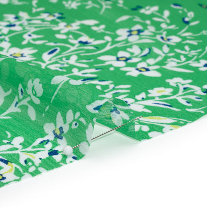 Crinkled Polyester Chiffon - Kelly Green, White and Blue Floral - Designer Deadstock