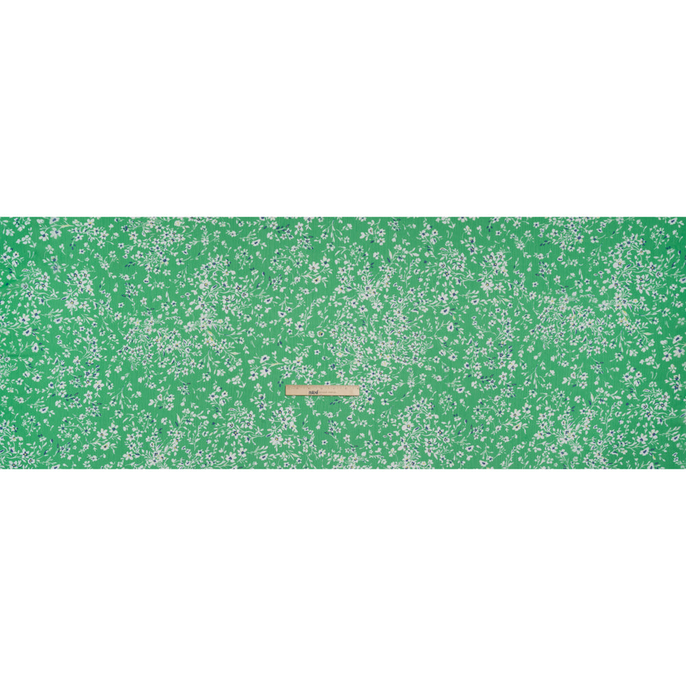 Crinkled Polyester Chiffon - Kelly Green, White and Blue Floral - Designer Deadstock