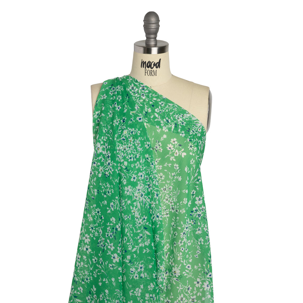 Crinkled Polyester Chiffon - Kelly Green, White and Blue Floral - Designer Deadstock