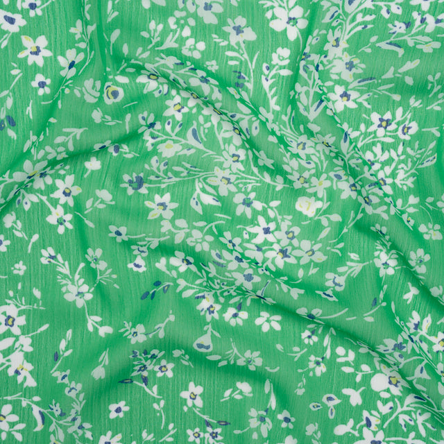 Crinkled Polyester Chiffon - Kelly Green, White and Blue Floral - Designer Deadstock
