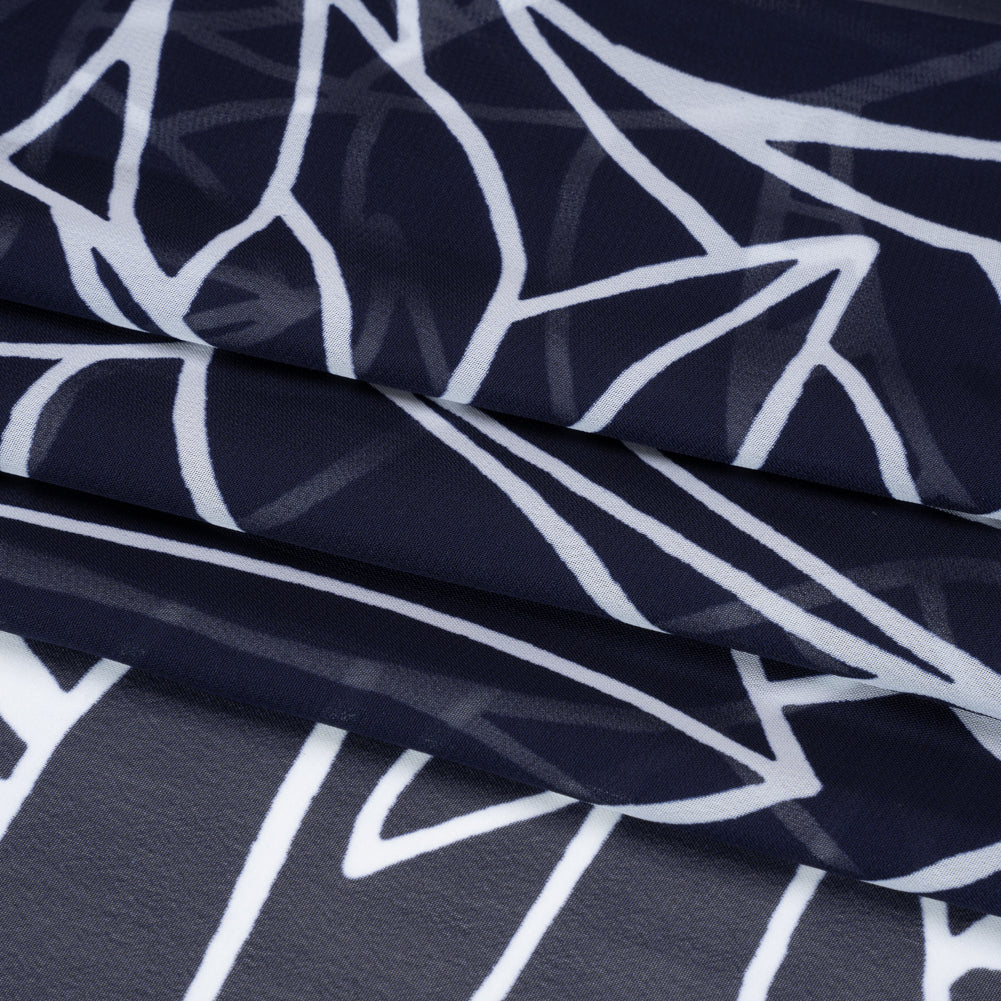 Polyester Chiffon - Navy Blue and White Overlapping Leaves - Designer Deadstock