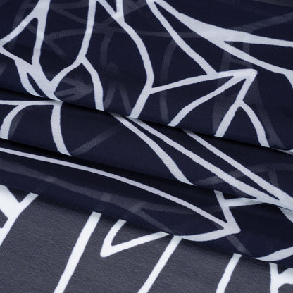 Polyester Chiffon - Navy Blue and White Overlapping Leaves - Designer Deadstock