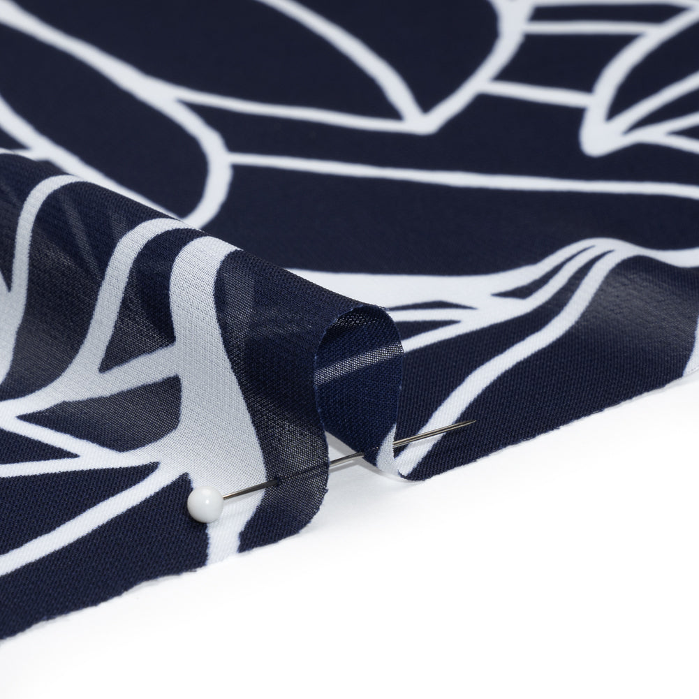 Polyester Chiffon - Navy Blue and White Overlapping Leaves - Designer Deadstock