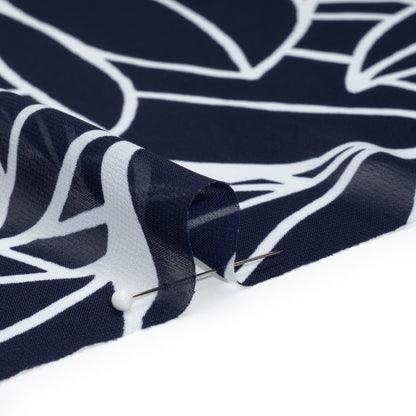 Polyester Chiffon - Navy Blue and White Overlapping Leaves - Designer Deadstock