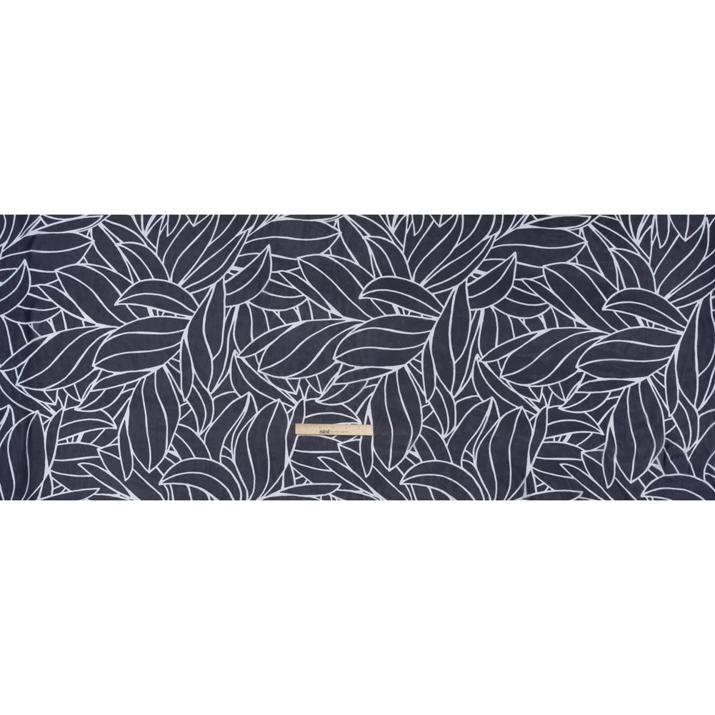 Polyester Chiffon - Navy Blue and White Overlapping Leaves - Designer Deadstock