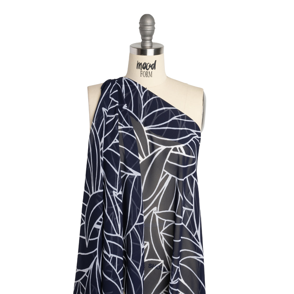 Polyester Chiffon - Navy Blue and White Overlapping Leaves - Designer Deadstock