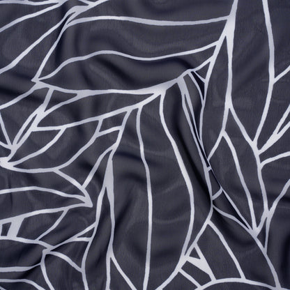 Polyester Chiffon - Navy Blue and White Overlapping Leaves - Designer Deadstock