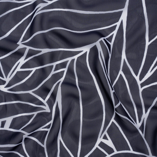 Polyester Chiffon - Navy Blue and White Overlapping Leaves - Designer Deadstock