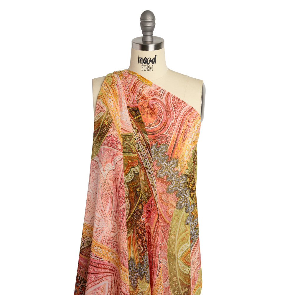 Polyester Chiffon - Yellow and Coral Rose Ornate Paisley Patchwork - Designer Deadstock