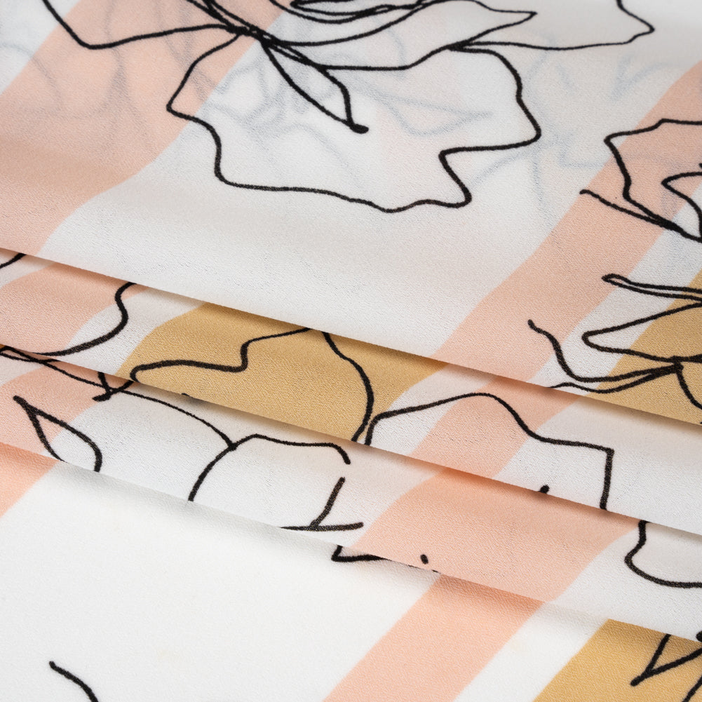 Polyester Georgette - White, Pale Pink and Beige Stripes and Floral Outlines - Designer Deadstock