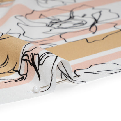 Polyester Georgette - White, Pale Pink and Beige Stripes and Floral Outlines - Designer Deadstock