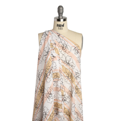 Polyester Georgette - White, Pale Pink and Beige Stripes and Floral Outlines - Designer Deadstock