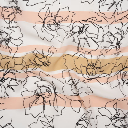 Polyester Georgette - White, Pale Pink and Beige Stripes and Floral Outlines - Designer Deadstock