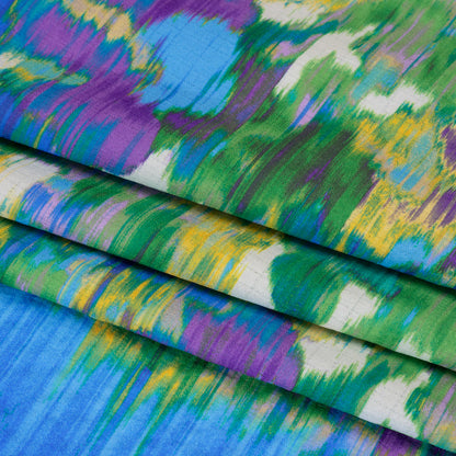 Stretch Polyester Seersucker - Bright Blue, Lime Green and Yellow Ikat Floral - Designer Deadstock
