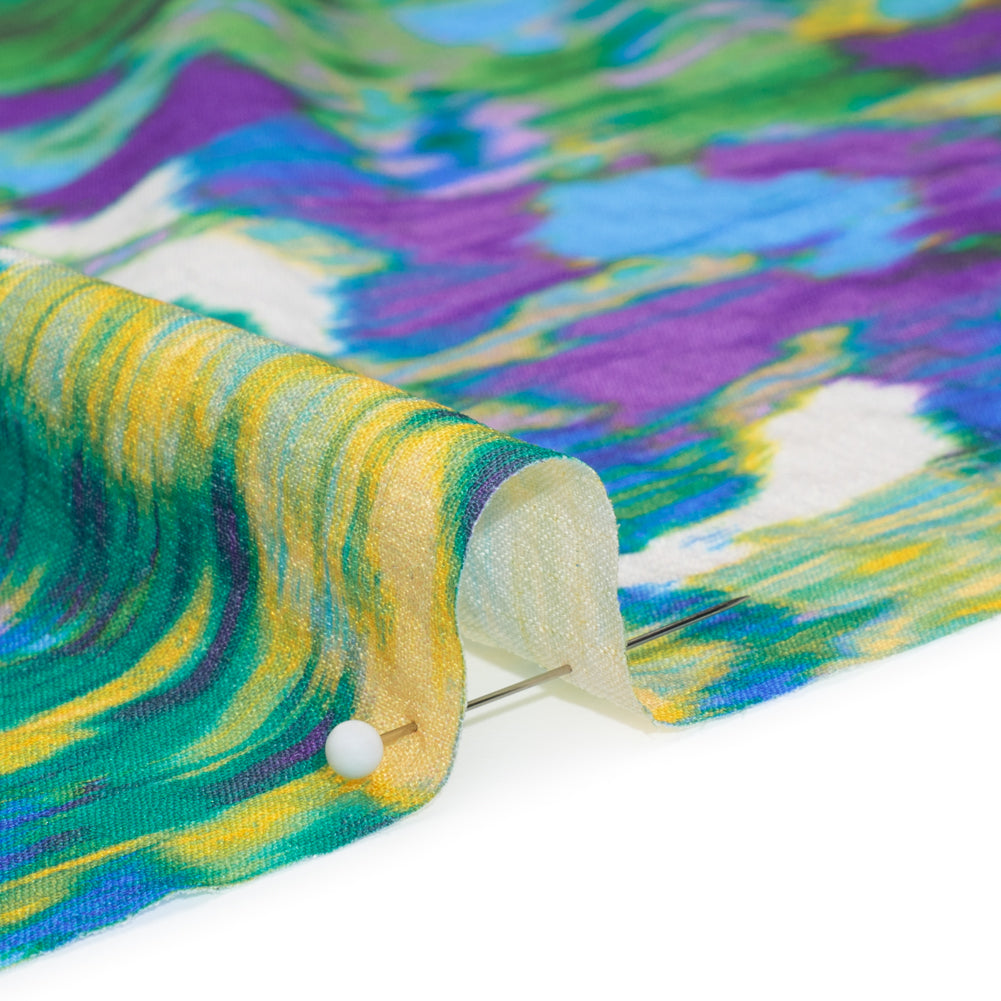 Stretch Polyester Seersucker - Bright Blue, Lime Green and Yellow Ikat Floral - Designer Deadstock
