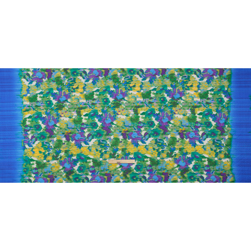 Stretch Polyester Seersucker - Bright Blue, Lime Green and Yellow Ikat Floral - Designer Deadstock