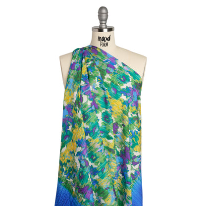 Stretch Polyester Seersucker - Bright Blue, Lime Green and Yellow Ikat Floral - Designer Deadstock