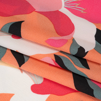 Crepé de poliéster elástico - Estampado floral naranja, rosa y blanco - Artículo de diseñador sin usar