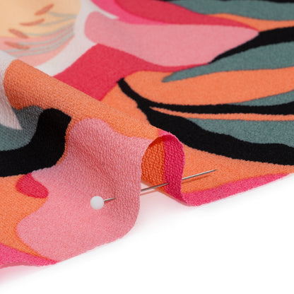 Crepé de poliéster elástico - Estampado floral naranja, rosa y blanco - Artículo de diseñador sin usar