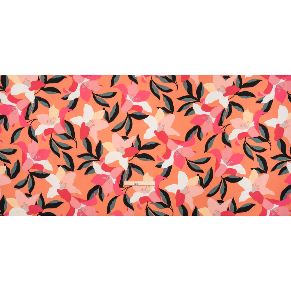 Crepé de poliéster elástico - Estampado floral naranja, rosa y blanco - Artículo de diseñador sin usar