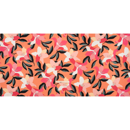Crepé de poliéster elástico - Estampado floral naranja, rosa y blanco - Artículo de diseñador sin usar