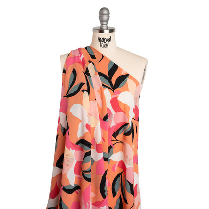Crepé de poliéster elástico - Estampado floral naranja, rosa y blanco - Artículo de diseñador sin usar