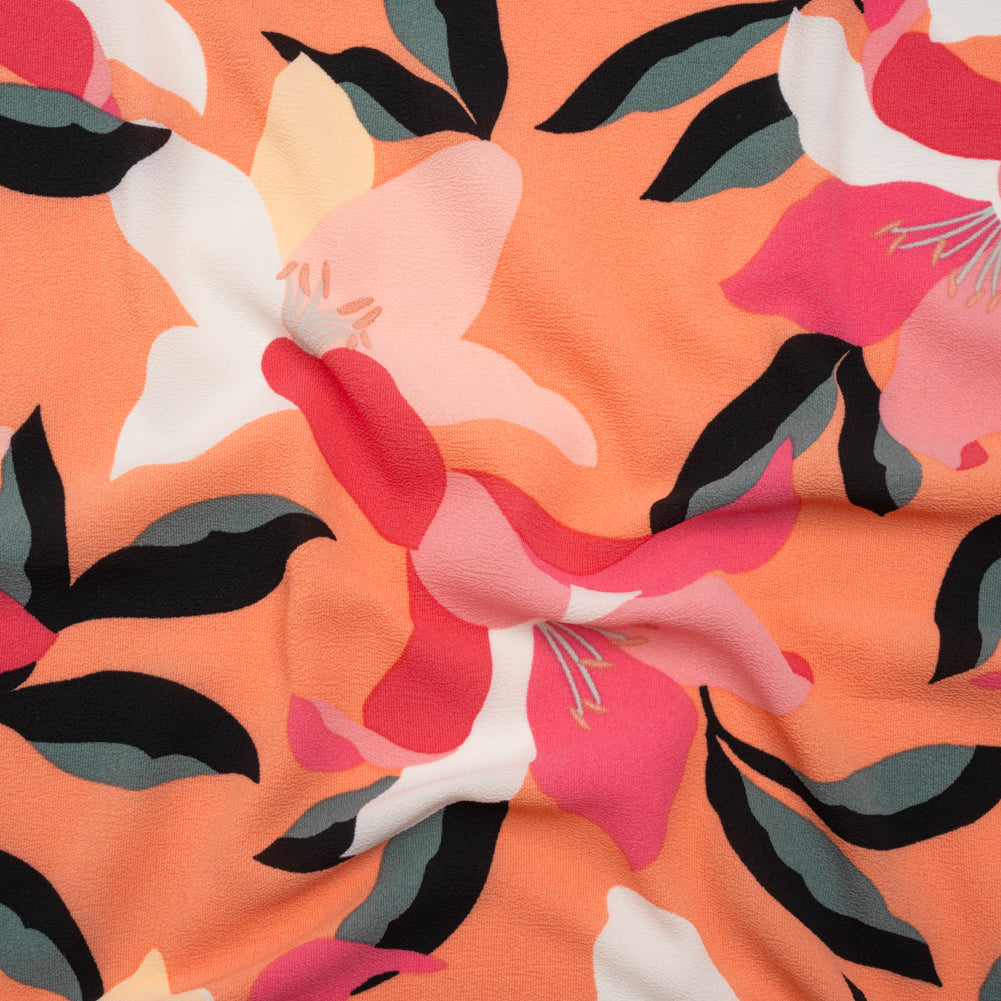 Stretch Polyester Crepe - Orange, Pink and White Floral - Designer Deadstock