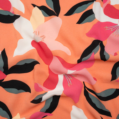 Stretch Polyester Crepe - Orange, Pink and White Floral - Designer Deadstock