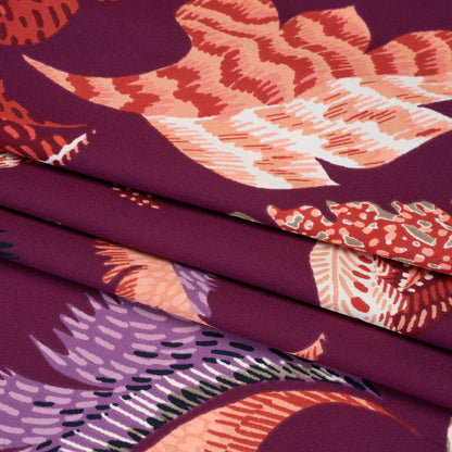 Polyester Crepe Print - Berry, Coral Pink, and Purple Jacobean Floral - Designer Deadstock