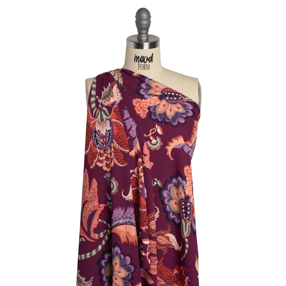 Polyester Crepe Print - Berry, Coral Pink, and Purple Jacobean Floral - Designer Deadstock - Drape