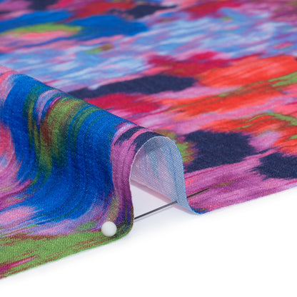 Stretch Polyester Seersucker - Bright Pink, Purple and Blue Ikat Floral - Designer Deadstock