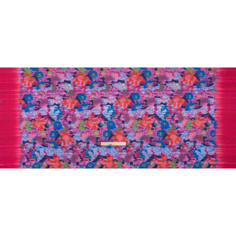 Stretch Polyester Seersucker - Bright Pink, Purple and Blue Ikat Floral - Designer Deadstock