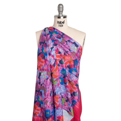 Stretch Polyester Seersucker - Bright Pink, Purple and Blue Ikat Floral - Designer Deadstock