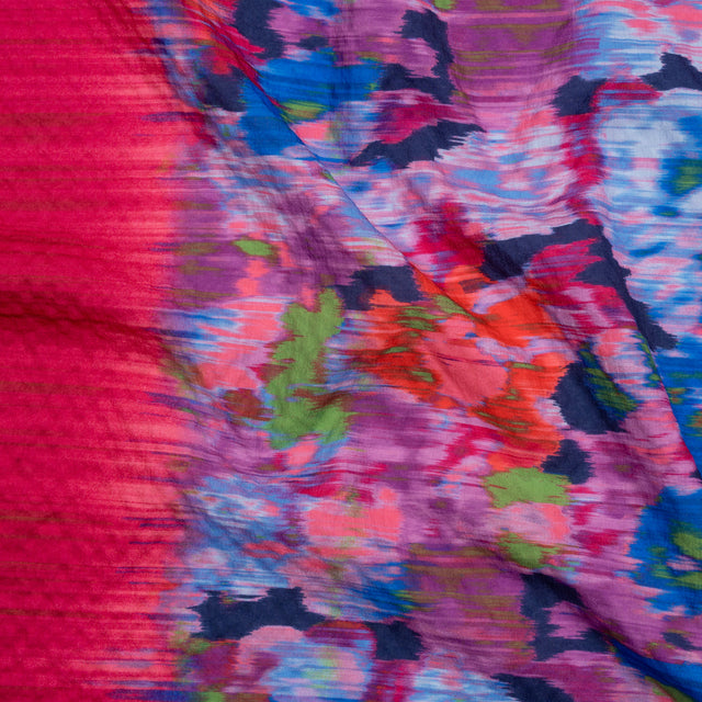 Stretch Polyester Seersucker - Bright Pink, Purple and Blue Ikat Floral - Designer Deadstock