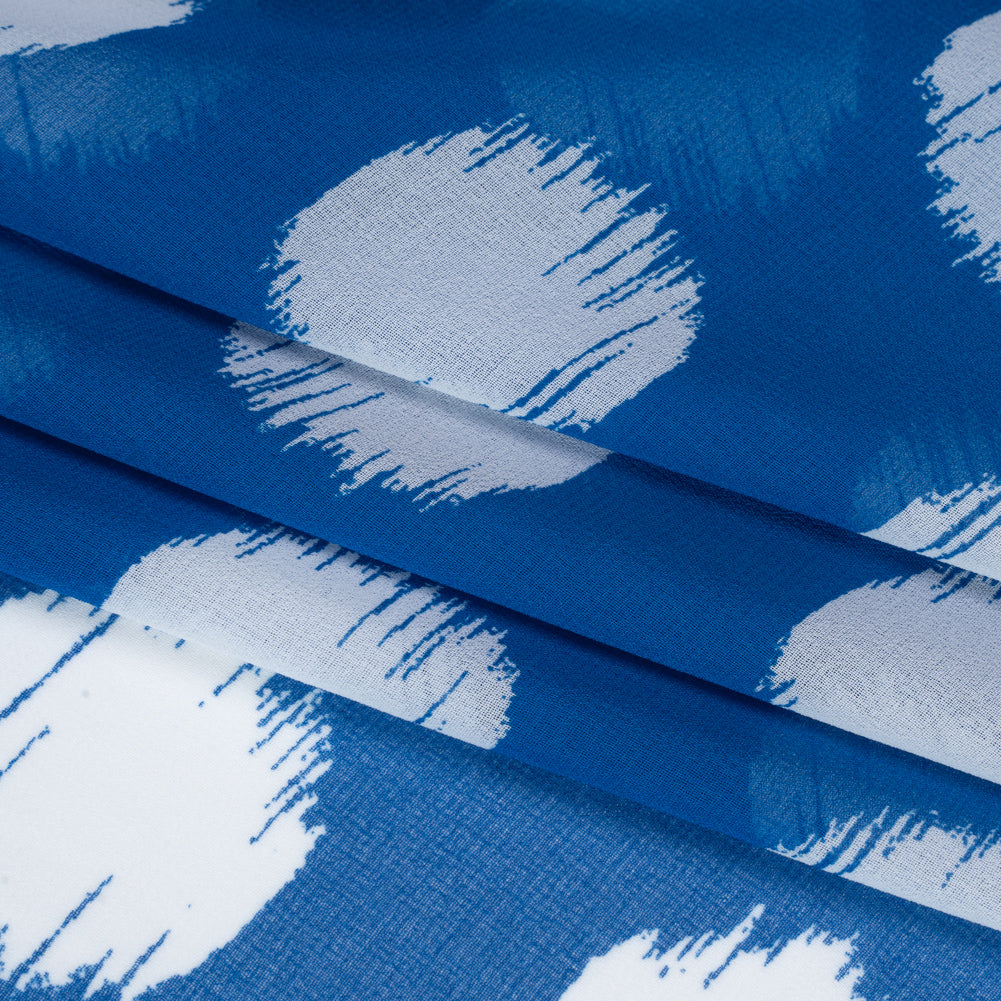 Polyester Chiffon - Bright Blue and White Brushed Polka Dots - Designer Deadstock