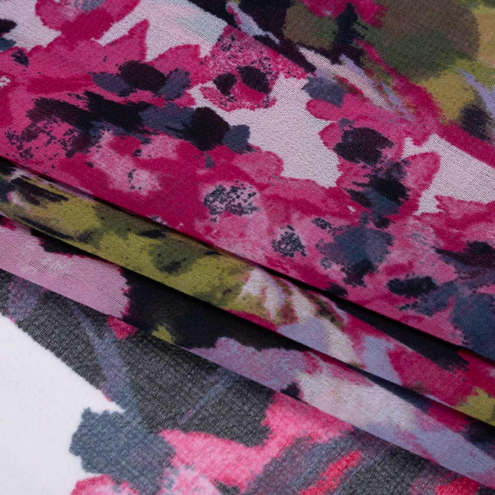 Polyester Georgette Print - Pink, Navy and Olive Green Floral Stripes - Designer Deadstock - Folded