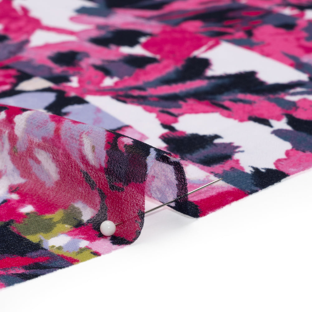 Polyester Georgette Print - Pink, Navy and Olive Green Floral Stripes - Designer Deadstock - Detail