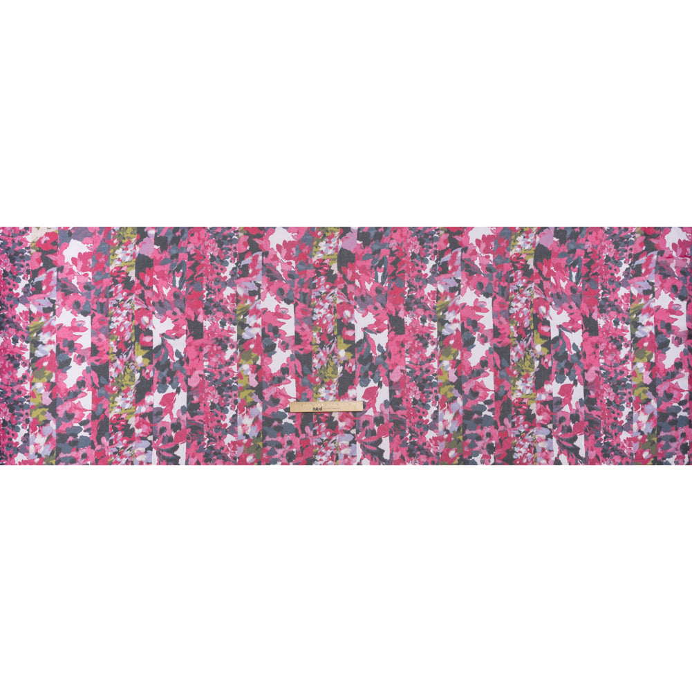 Polyester Georgette Print - Pink, Navy and Olive Green Floral Stripes - Designer Deadstock - Full