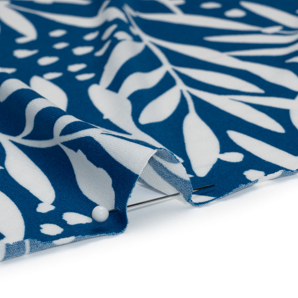 Stretch Polyester Tricot - Blue and White Leafy Stems - Designer Deadstock